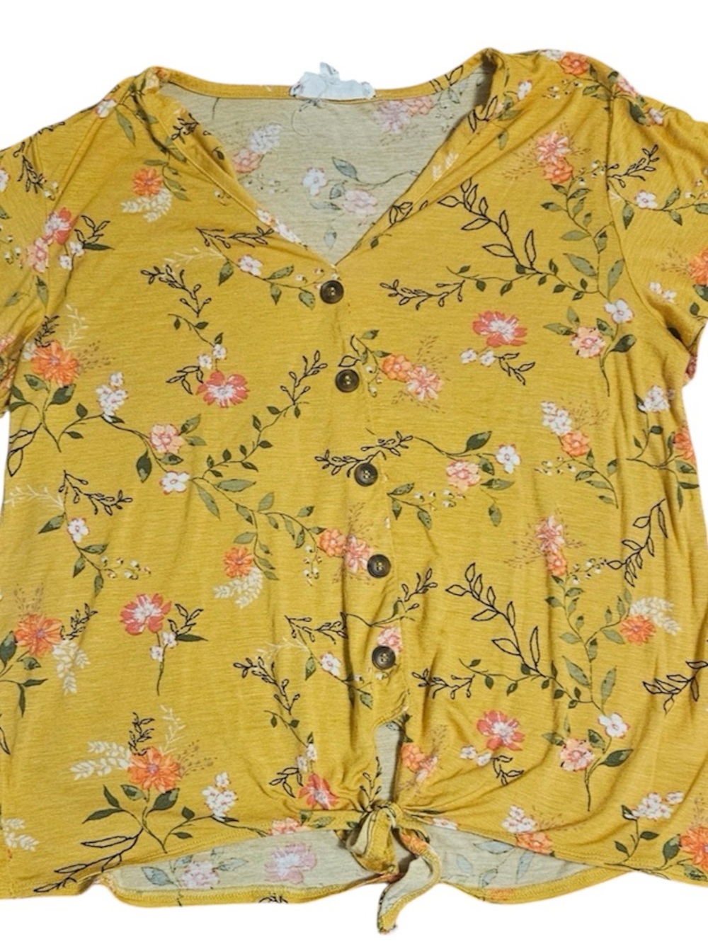Pink Rose Yellow Floral Tie-Hem Short Sleeve Top